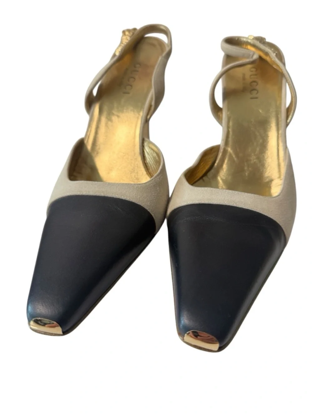 Gucci Two-Tone Slingback Pumps in Beige and Black with Gold Interior - Picture 2 of 11